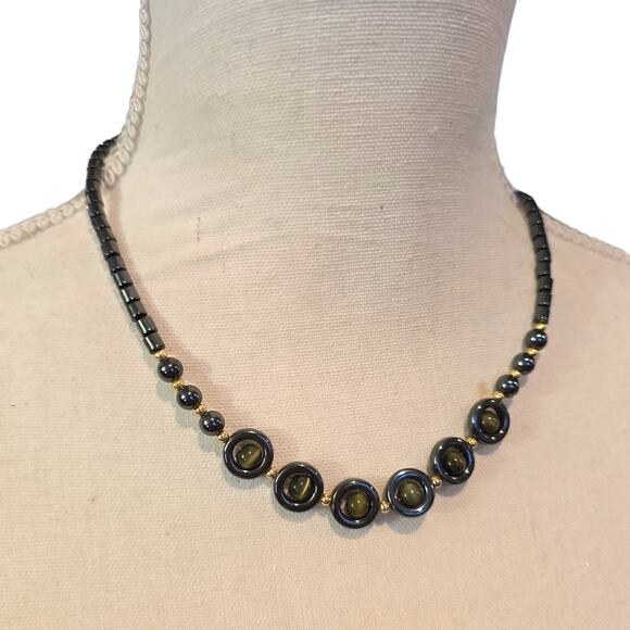 Vintage Hematite Tiger Eye Bead Necklace Gold Tone Accents 16" Choker Jewelry - Picture 2 of 7